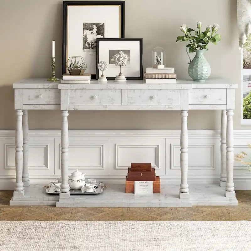 Console rétro à 4 tiroirs et 1 étagère, table d'entrée classique, table d'appoint pour canapé avec rangement