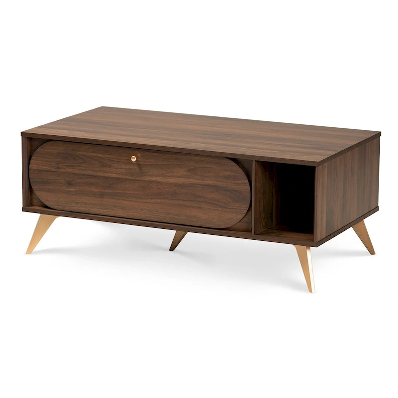 Table basse en bois au fini noyer brun et or, style Mid-Century