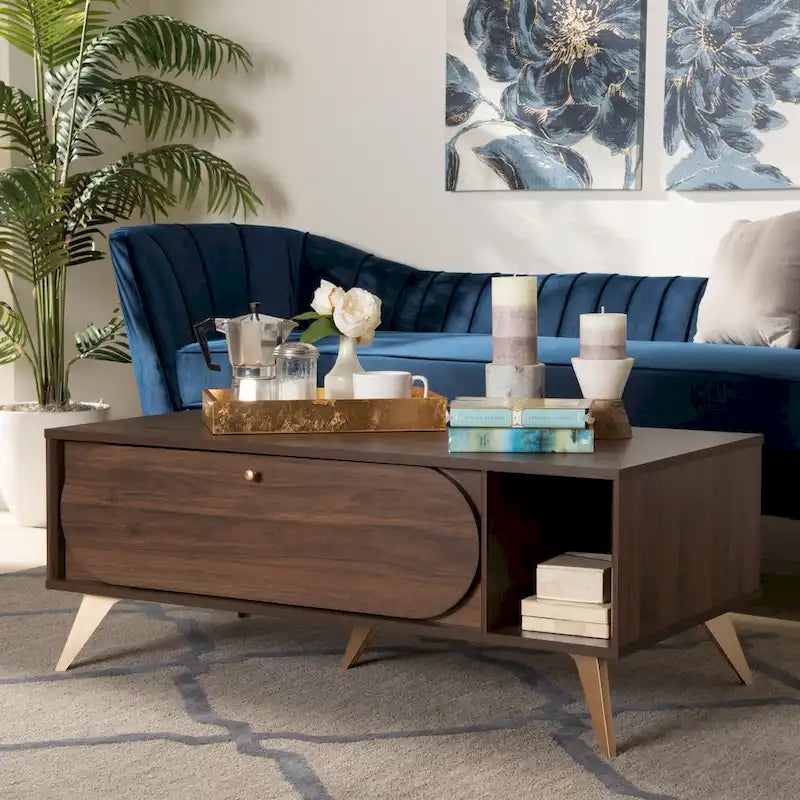 Edel Mid-Century Walnut Brown and Gold Finished Wood Coffee Table