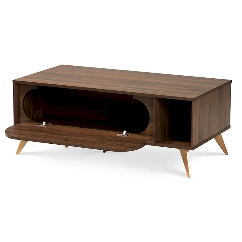 Table basse en bois au fini noyer brun et or, style Mid-Century