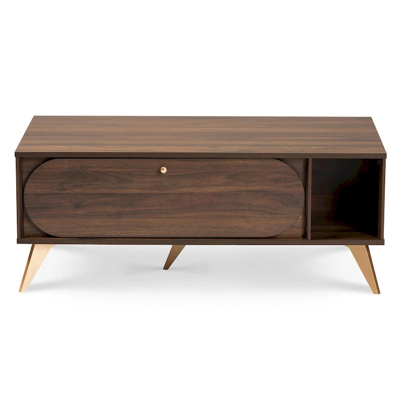 Table basse en bois au fini noyer brun et or, style Mid-Century
