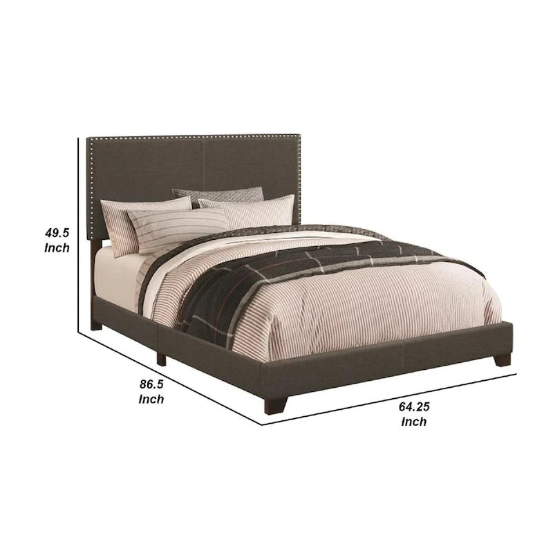 Lit plateforme queen size en tissu capitonné avec garniture cloutée, gris anthracite