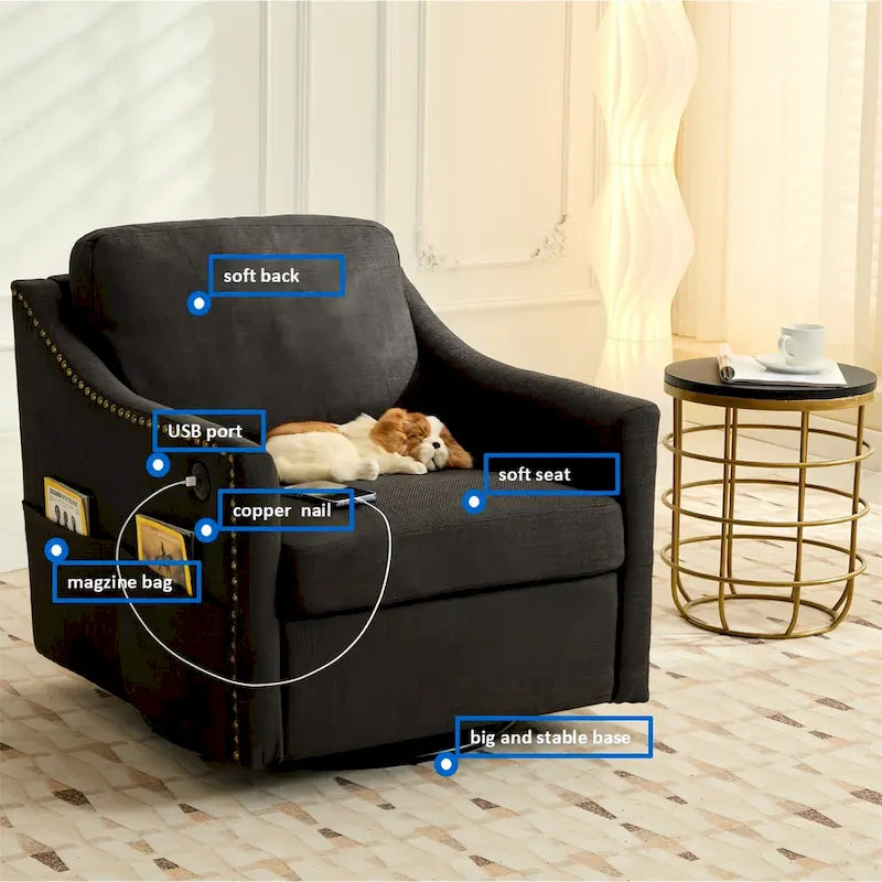 Fauteuil pivotant d'appoint en tissu moderne avec ports USB