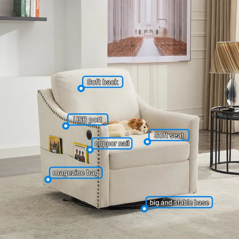 Fauteuil pivotant d'appoint en tissu moderne avec ports USB