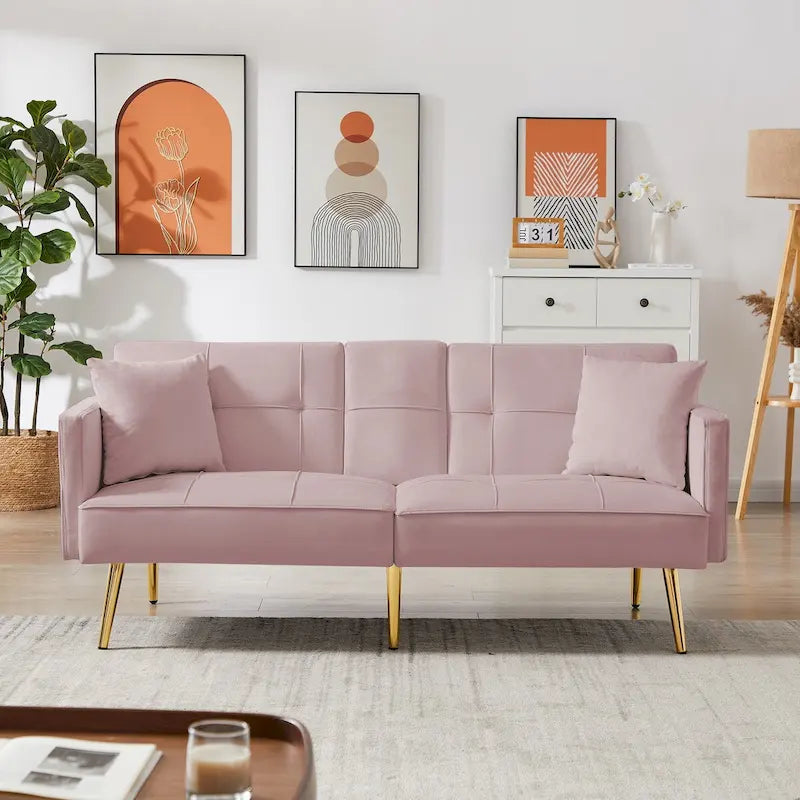 Canapé-lit futon en velours avec pieds en métal doré pour salon, entrée, couloir, bureau