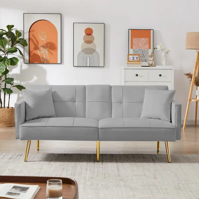 Canapé-lit futon en velours avec pieds en métal doré pour salon, entrée, couloir, bureau