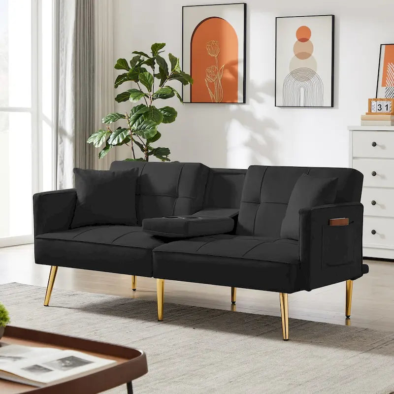 Canapé-lit futon en velours avec pieds en métal doré pour salon, entrée, couloir, bureau