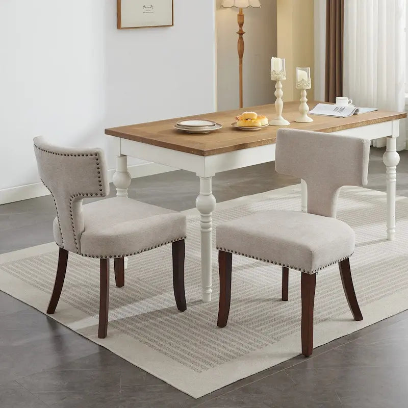 Chaises de salle à manger modernes, chaise d'appoint rembourrée en tissu lin style fermier, dossier incurvé avec clous en cuivre