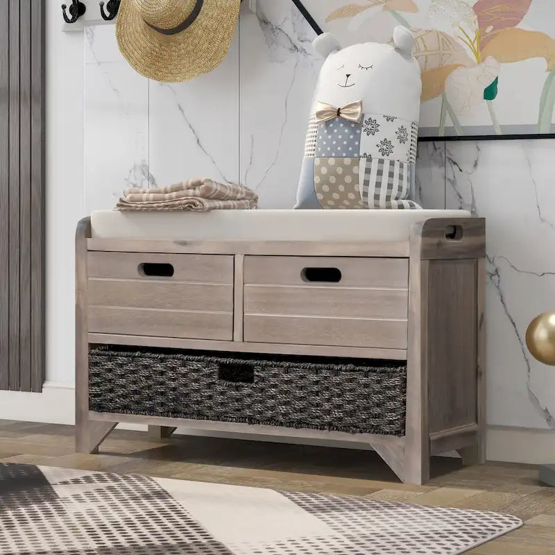 Banc de rangement avec panier amovible et 2 tiroirs