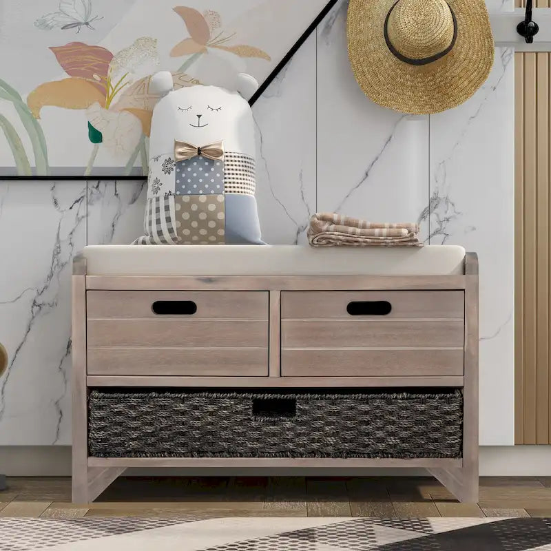 Banc de rangement avec panier amovible et 2 tiroirs