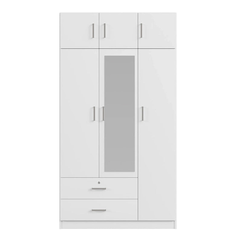 Armoire penderie miroir 3 portes avec 2 tiroirs et meuble haut