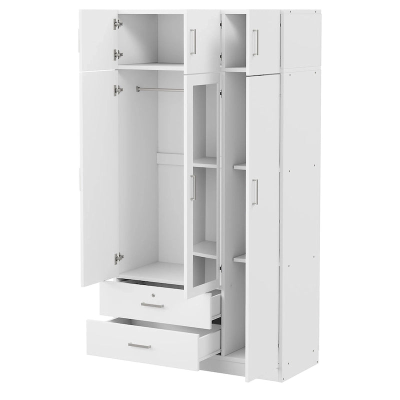 Armoire penderie miroir 3 portes avec 2 tiroirs et meuble haut