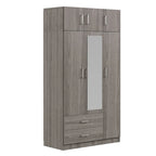 Armoire penderie miroir 3 portes avec 2 tiroirs et meuble haut