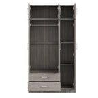 Armoire penderie miroir 3 portes avec 2 tiroirs et meuble haut