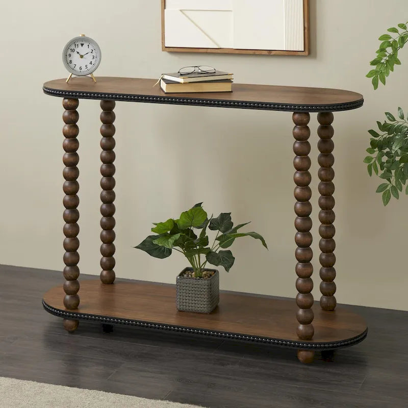 Console en bois ovale à fuseaux 1 étagère avec bords perlés - Marron